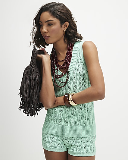 Green Crochet Knit Vest Top