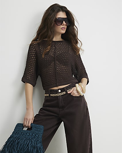 Brown Open Stitch T-Shirt