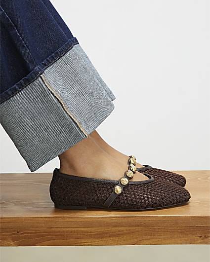 Brown Crochet Ball Detail Ballet Pumps