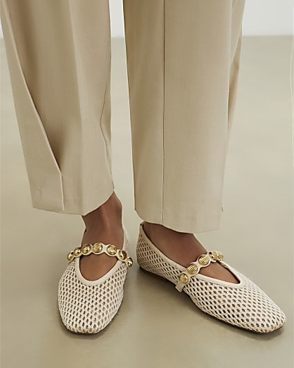 Cream Crochet Ball Detail Ballet Pumps