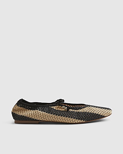 Black Raffia Stripe Mary Jane Shoes