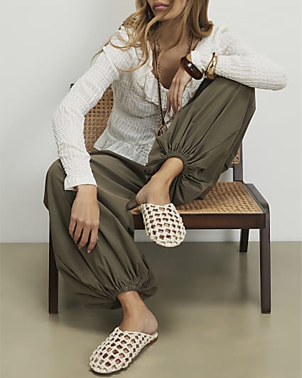 Beige Open Weave Mule Sandals