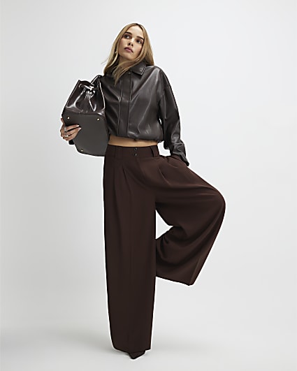 Brown Pleated Wide Leg Trousers