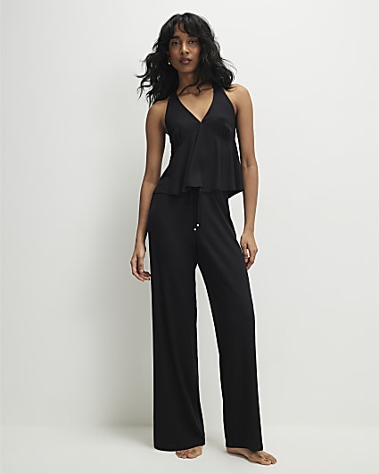 Black Peplum Halter Neck Pyjama Set