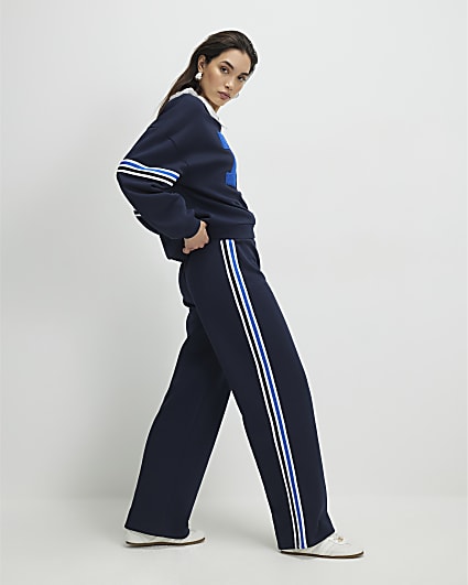 Navy Wide Leg Side Stripe Joggers