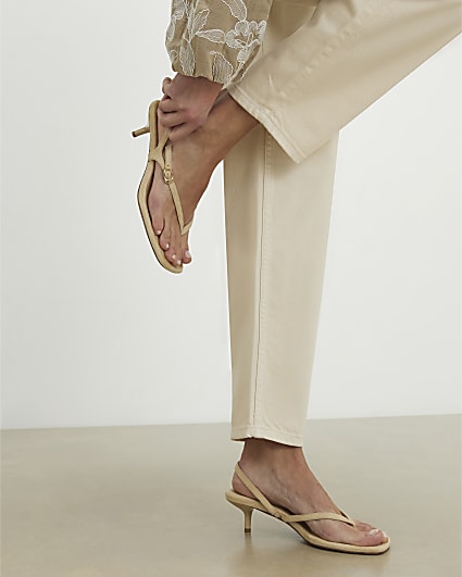 Beige Faux Suede Toe Thong Heeled Sandals