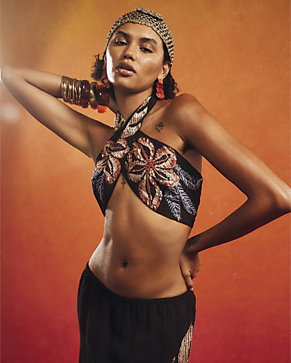 Black Beaded Floral Halter Neck Crop Top