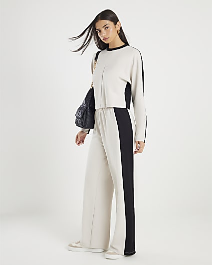 Cream Colour Block Wide Leg Trousers
