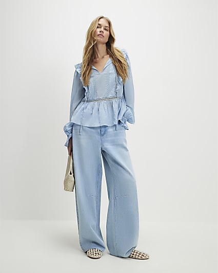 Blue Long Sleeve Lace Insert Blouse