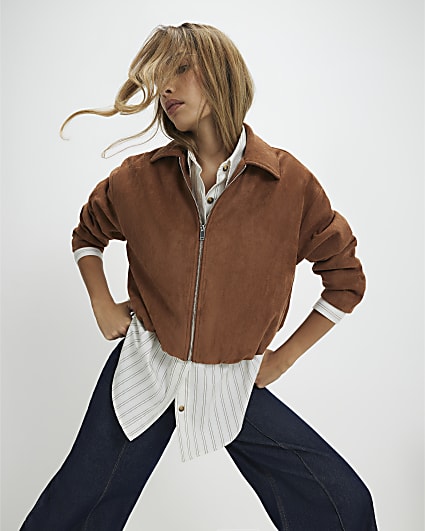 Tan Faux Suede Bubble Hem Bomber Jacket