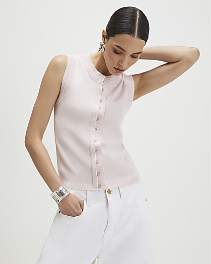 Pink Linen Blend Double Layer Knitted Vest