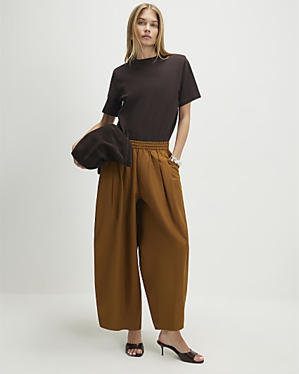 Brown Cotton Poplin Barrel Leg Trousers