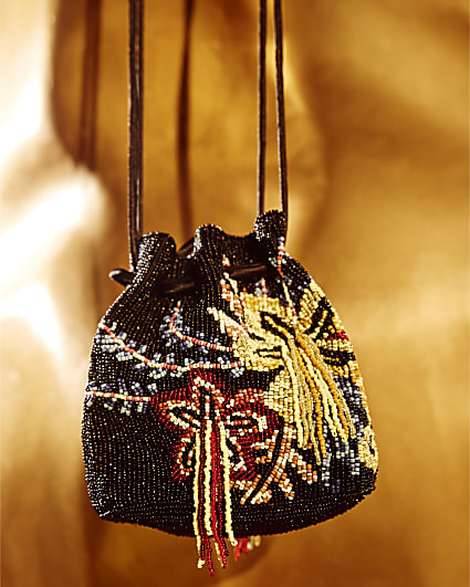 Black Drawstring Beaded Bag