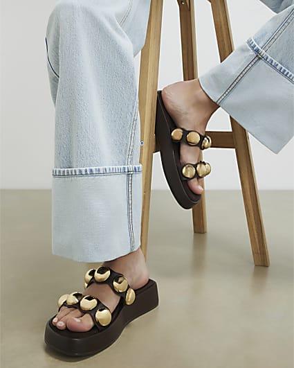 Brown Studded Flatform Sandals