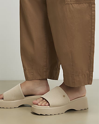 Beige Knitted Mule Flatform Sandals