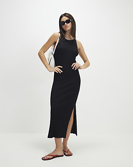 Black Knitted Racer Neck Ribbed Midi Dress