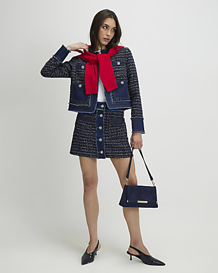 Blue Boucle Denim A line Mini Skirt