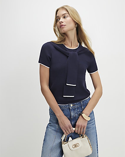 Navy Tie Neck Knitted Top