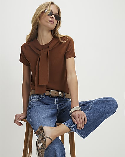 Brown Tie Neck Knitted Top