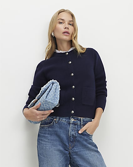 Navy Frill Trim Cardigan