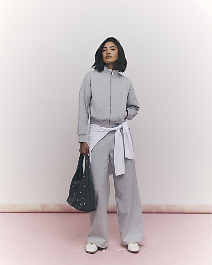 Grey Long Sleeve Zip up Bomber Sweatshirt