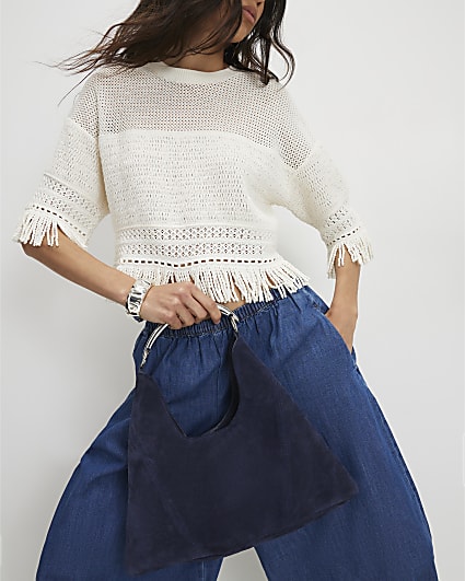 Navy Suede Metal Handle Slouch Shoulder Bag