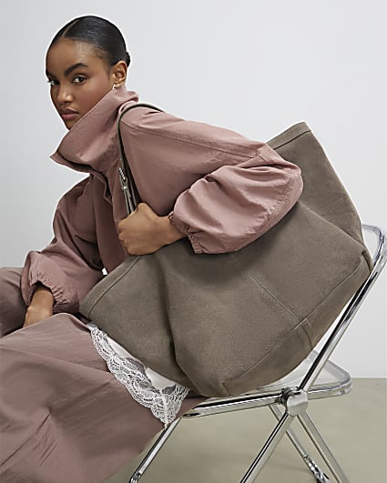 Grey Buckle Handle Suede Shopper Bag