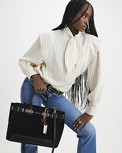 Black Faux Suede Soft Lock Front Tote Bag