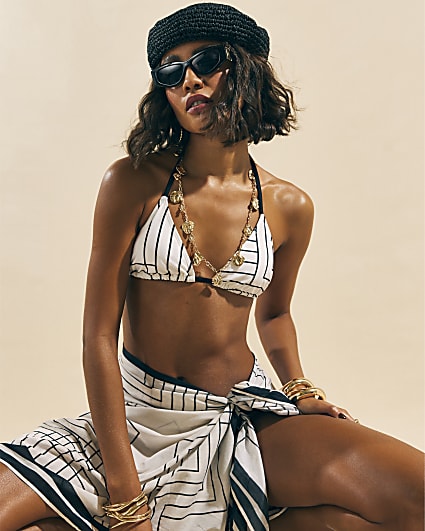 Cream Geometric Stripe Triangle Bikini Top