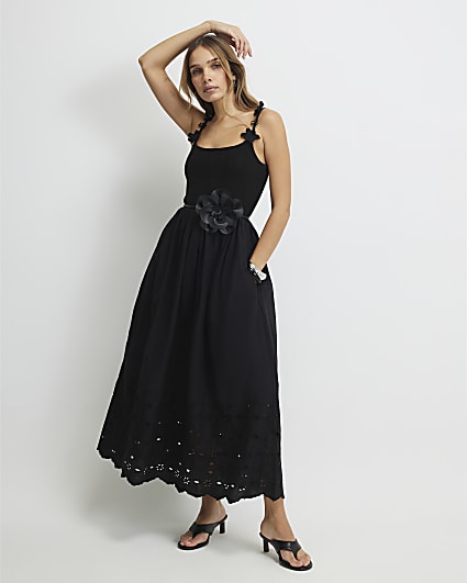 Black Poplin Broderie Tie Back Midi Dress
