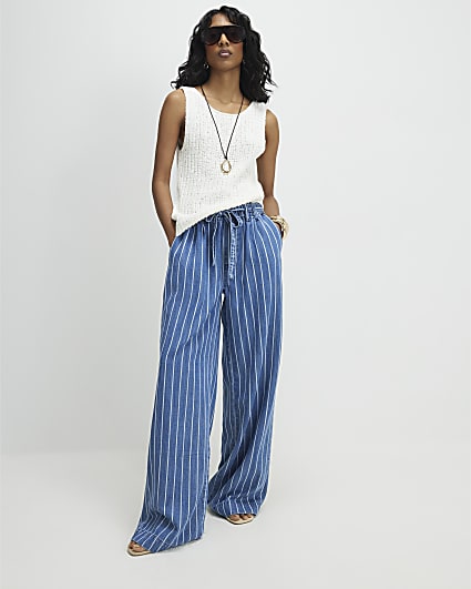 Blue Stripe Wide Leg Paperbag Jeans