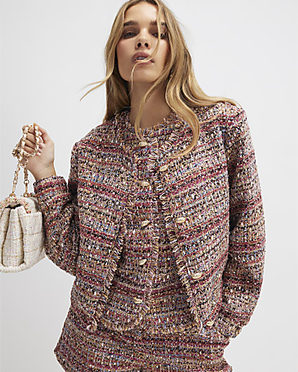 Red Boucle Cropped Bomber Jacket