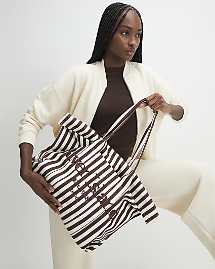 Brown Striped Roll Top Shopper Bag