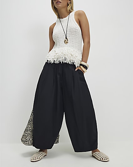 Petite Black Poplin Barrel Leg Trousers