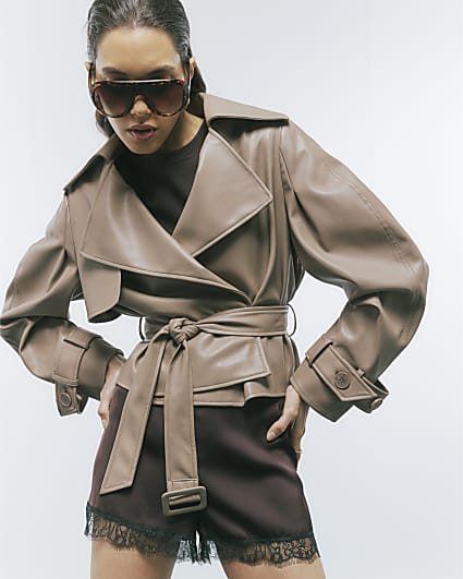 Beige Faux Leather Belted Trench Jacket