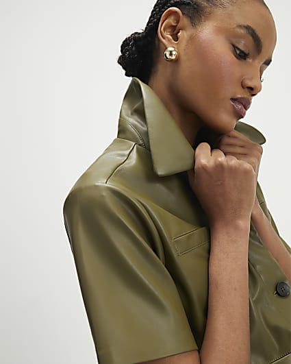 Khaki Faux Leather Shirt