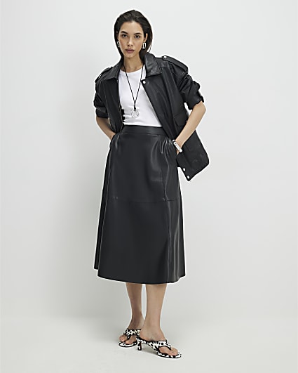 Black Faux Leather Full Circle Midi Skirt