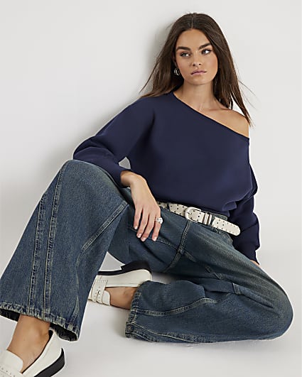 Navy Long Sleeve Off Shoulder Sweatshirt