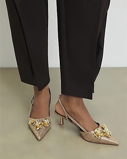 Gold Flower Trim Raffia Slingback Court Heels