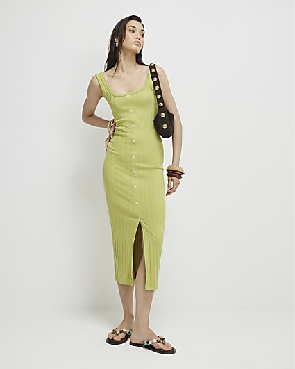 Green Sleeveless Ribbed Button Midi Dress