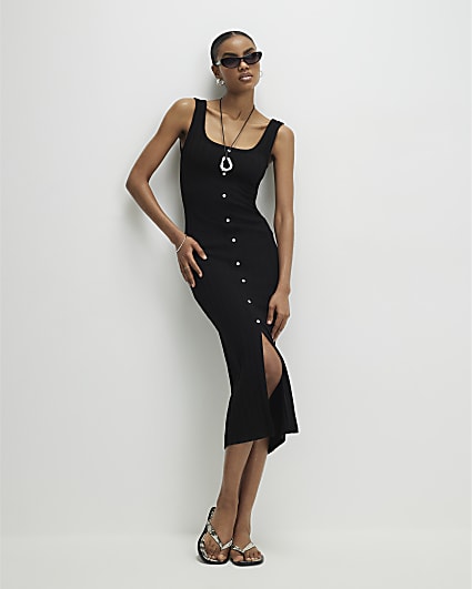Black Sleeveless Ribbed Button Midi Dress