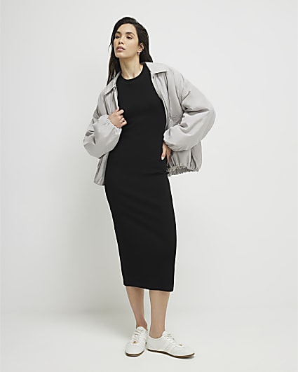 Black Cap Sleeve Ribbed Midi Dress