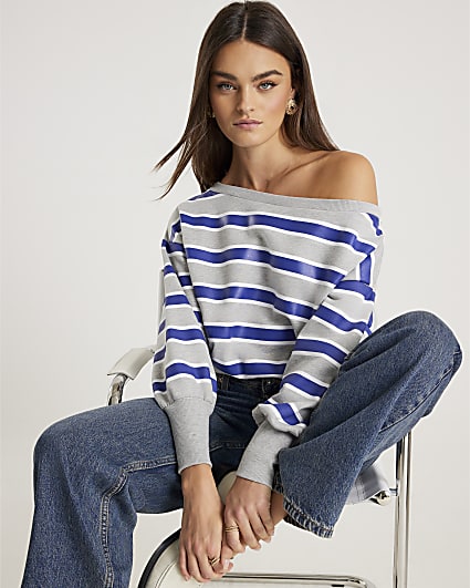 Grey Striped Off Shoulder Sweatshirt