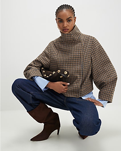 Brown Check Funnel Neck Jacket