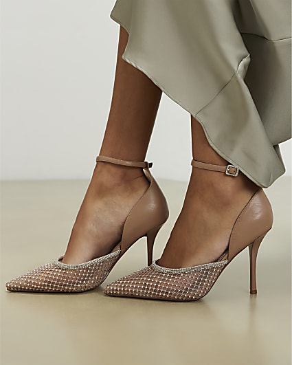 Beige Embellished Mesh Court Heels