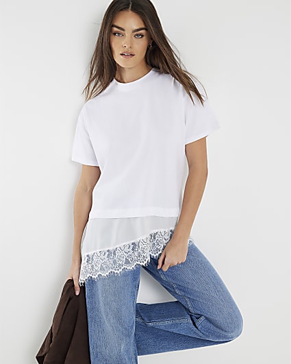 White Short Sleeve Lace Hem Layered T-shirt