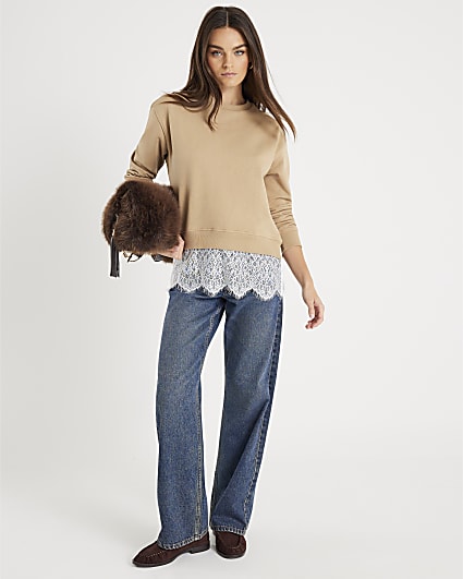 Beige Long Sleeve Lace Hem Sweatshirt