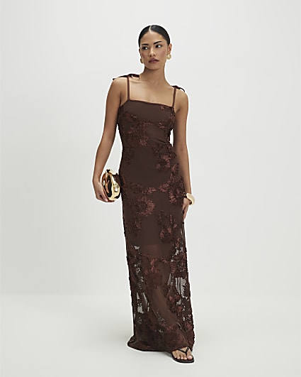 Petite Brown Satin Halter Neck Maxi Dress | River Island