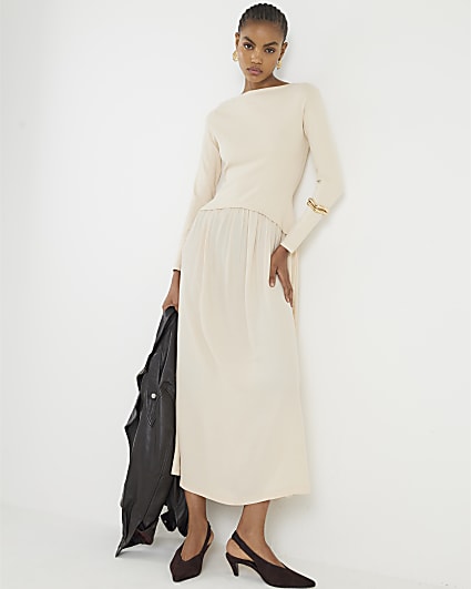 Cream Long Sleeve Hybrid Midi Dress