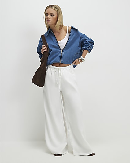 Petite White Wide leg Drawstring Jeans